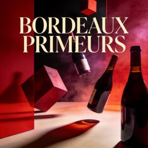 DESIGN GEOMETRIQUE AVEC CUBES POURPRES ET BOUTEILLES DE VINS ROUGES. TEXTE bORDEAUX PRIMEURS