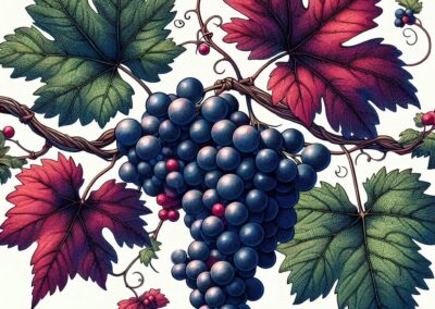 Déco de beau dessin de grappe de raisin noir, de Merlot avec des feuilles de vigne vertes et rouges